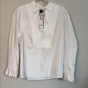 J. Crew Sz S White poplin cotton pull over Blouse bow & Scalloped Details NWT